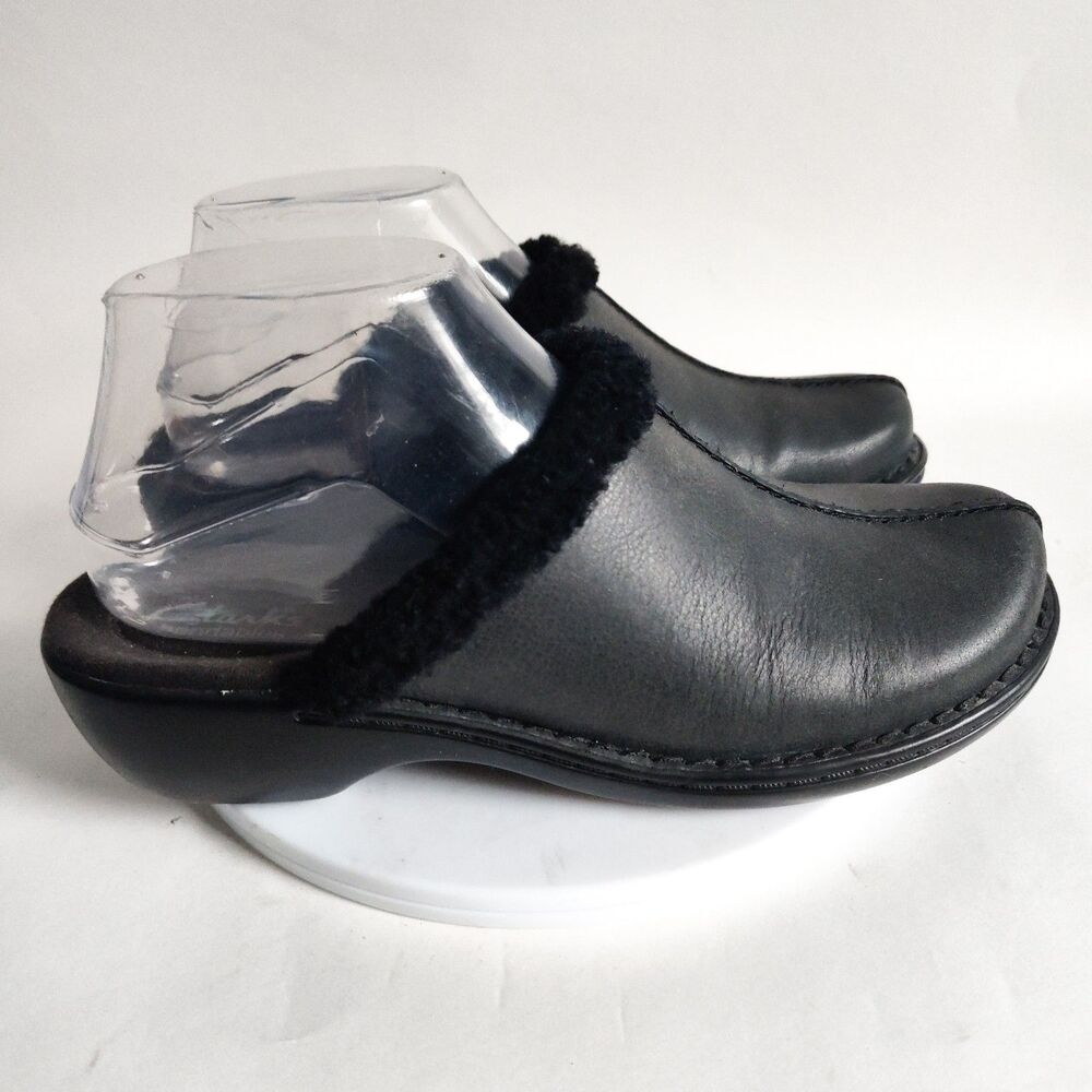 Clarks Slip-on Clogs Black Leather Comfort Shoes Size‎ 7 Preppy Fur Lined Mules